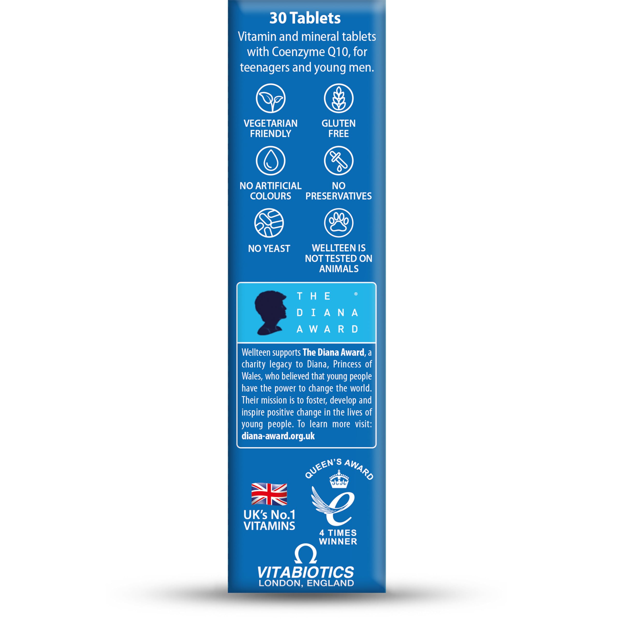 Wellteen Vitabiotics Him vitamins blue box back showing 30 tablets and icons vegetarian gluten free