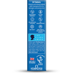 Wellteen Vitabiotics Him vitamins blue box back showing 30 tablets and icons vegetarian gluten free