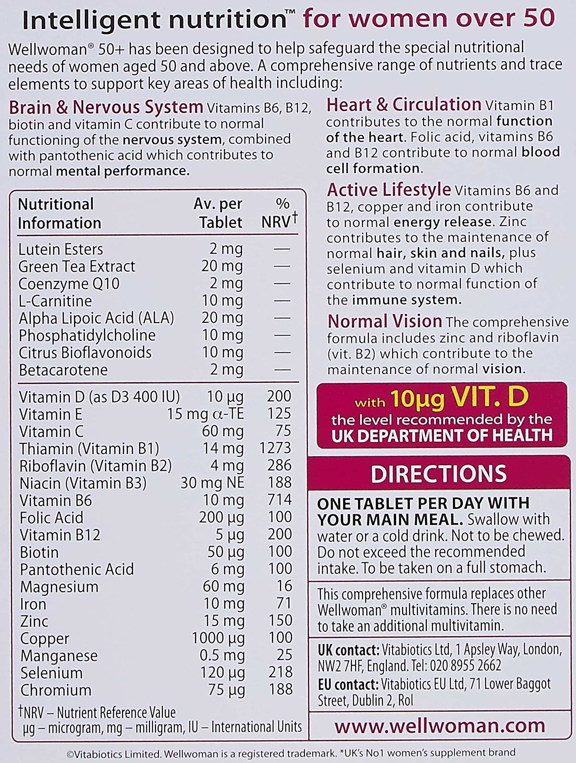 Wellwoman 50 plus vitamins tablet label showing nutritional information ingredients dosage and directions for women over 50