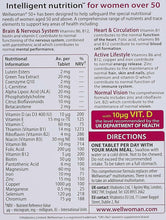 Wellwoman 50+ supplement nutrition information table with vitamins, minerals, and actives