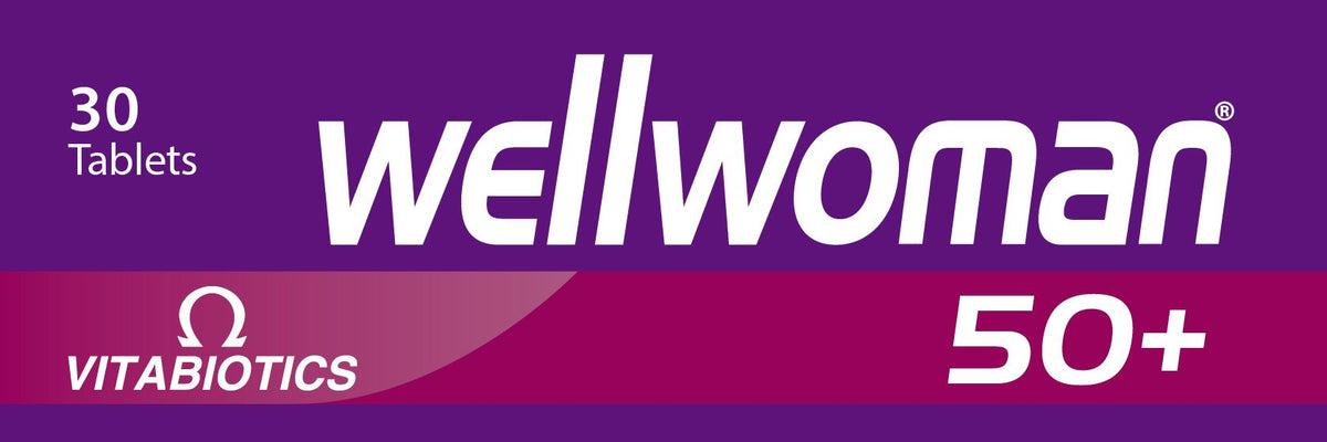 Wellwoman 50 plus vitamins multivitamin box 30 tablets purple packaging with Vitabiotics logo