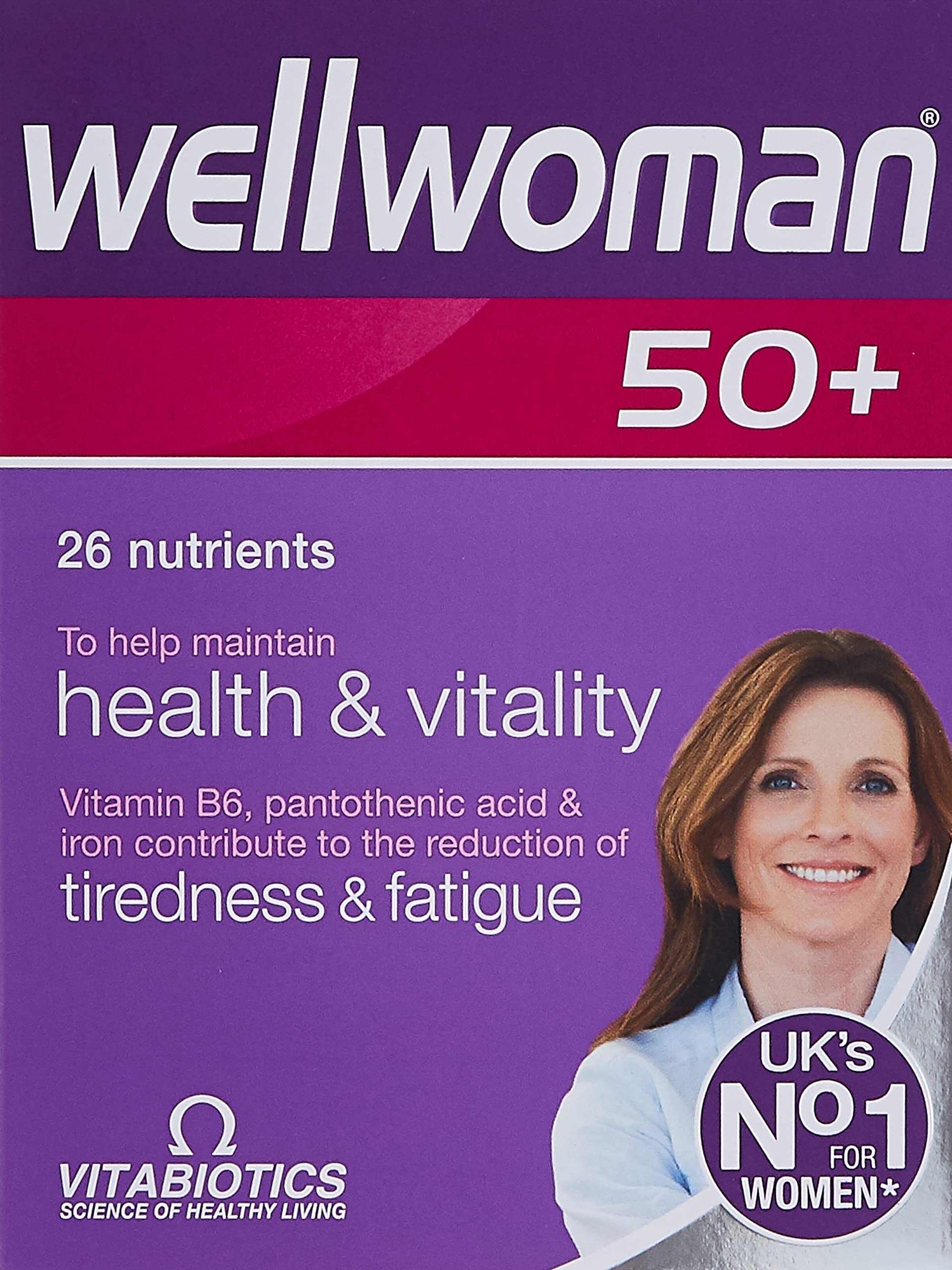 Wellwoman 50 plus vitamins purple box packaging showing 50 plus label and smiling woman promoting health and vitality