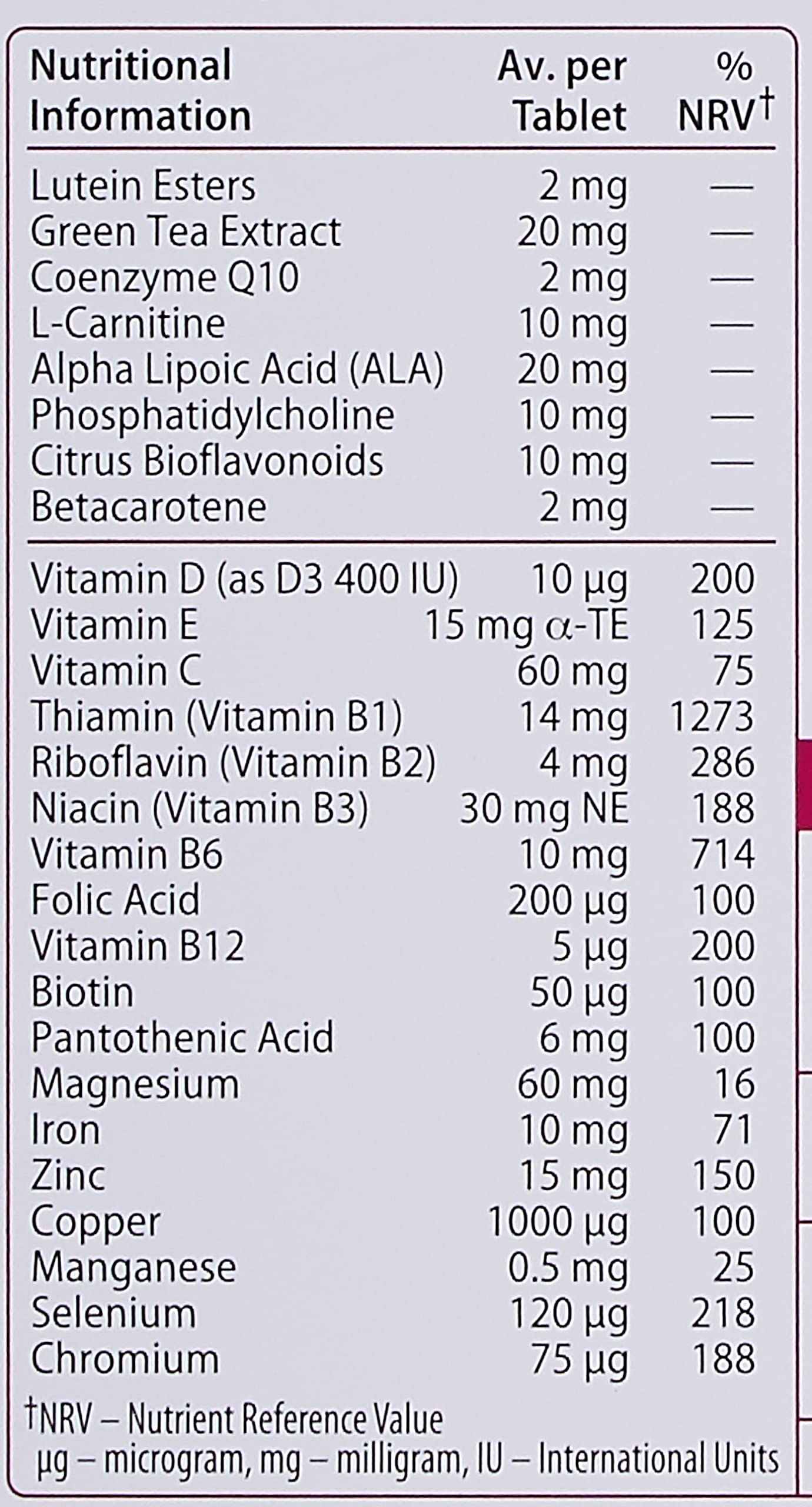 Wellwoman 50 plus vitamins nutrition label showing per tablet amounts of vitamins minerals and botanical extracts