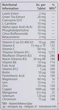 Wellwoman 50+ supplement nutrition table close-up listing nutrients and amounts
