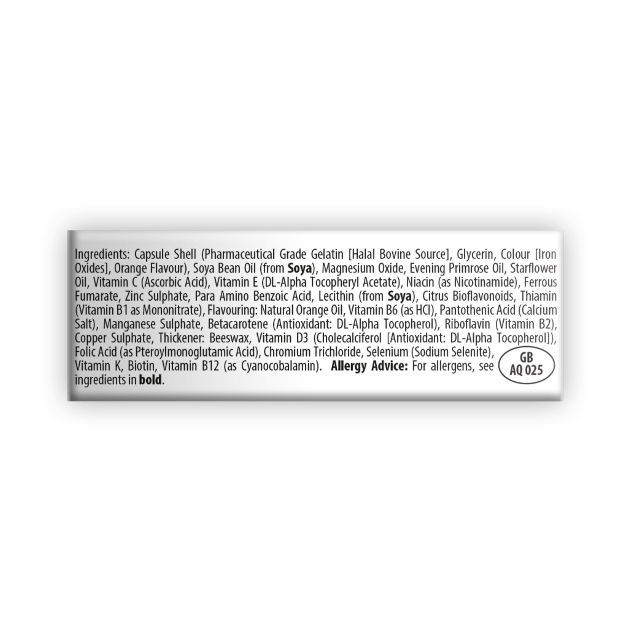 Wellwoman Original vitamins ingredient label showing capsule shell oils vitamins minerals and allergy advice