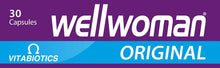 Wellwoman Original capsule box top, purple and blue with logo and Original text