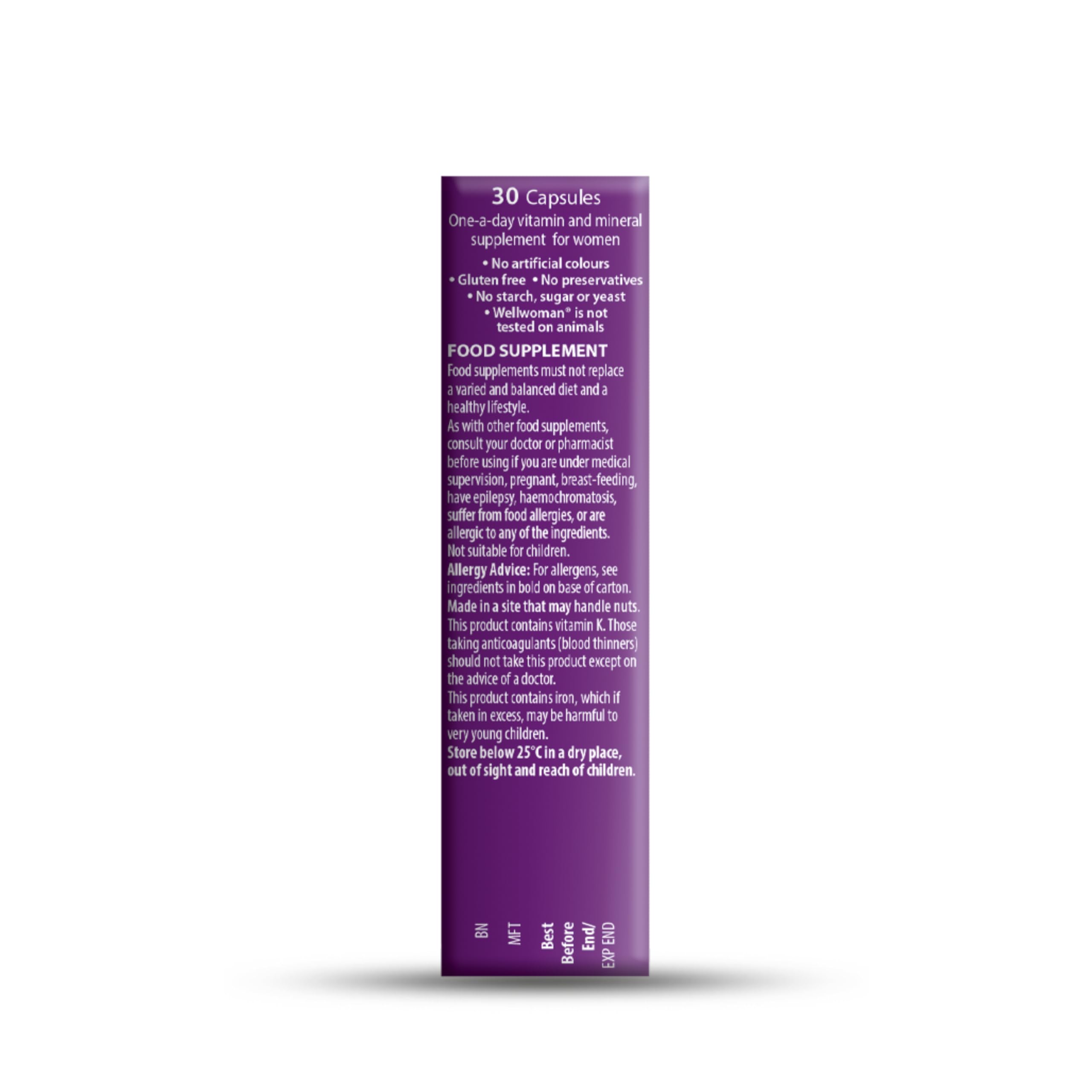 Wellwoman Original vitamins purple Vitabiotics box side panel showing 30 capsules supplement information