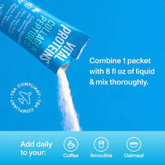 Vital Proteins packet pouring white powder collagen peptides powder supplement with icons for coffee smoothie and oatmeal