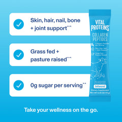 Vital Proteins stick pack with skin hair nail bone and joint support grass fed 0g sugar collagen peptides powder supplement