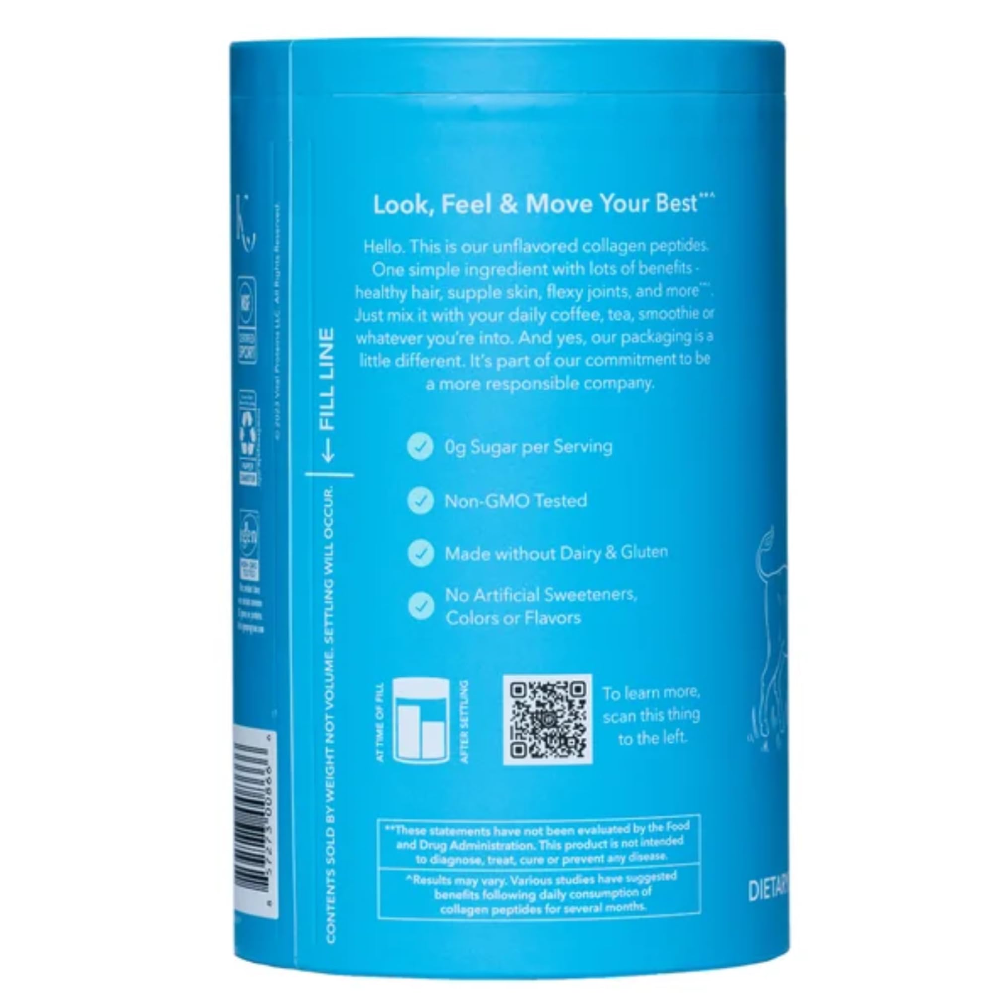 Vital Proteins Collagen Peptides UAE blue unflavored tub label with benefits 0g sugar Non GMO made without dairy and gluten