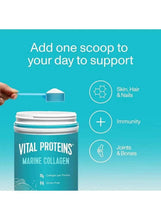 Marine collagen tub with teal lid and scoop icon, Vital Proteins unflavored