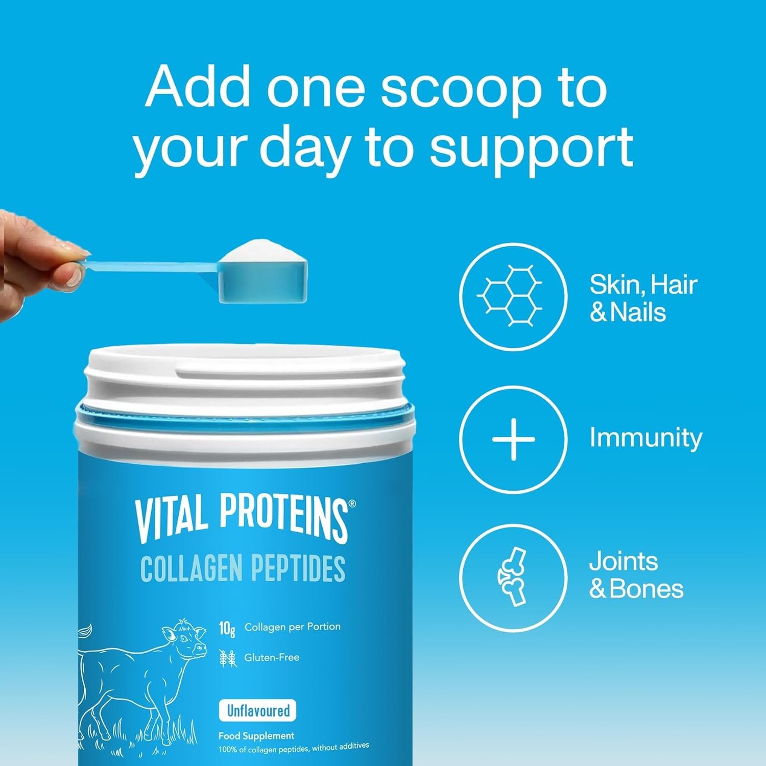 Jar of Vital Proteins collagen supplement with scoop on blue background highlighting skin hair nails immunity and joints benefits