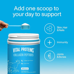 Jar of Vital Proteins collagen supplement with scoop on blue background highlighting skin hair nails immunity and joints benefits