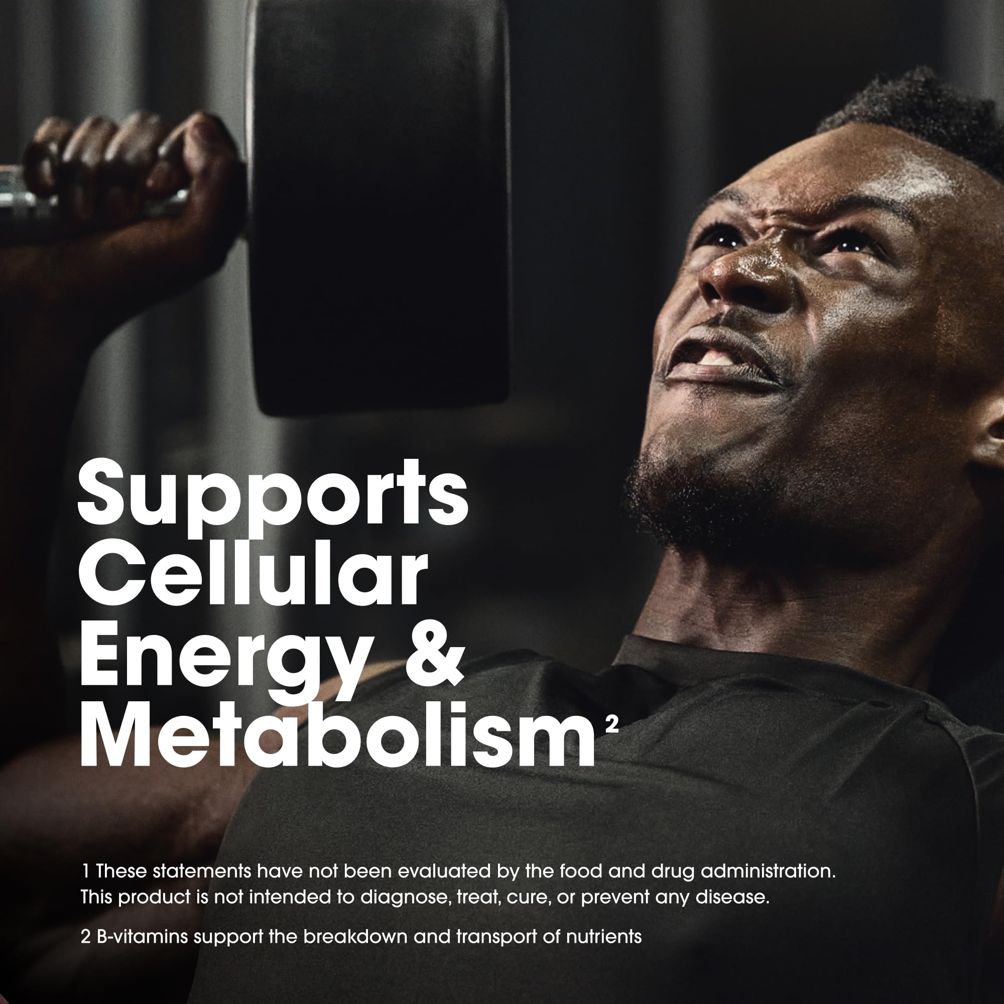 Optimum Nutrition ad of man lifting dumbbell with overlay about cellular energy men's daily multivitamin supplement