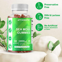 Sea moss gummies supplement bottle with preservative-free and dairy-free icons