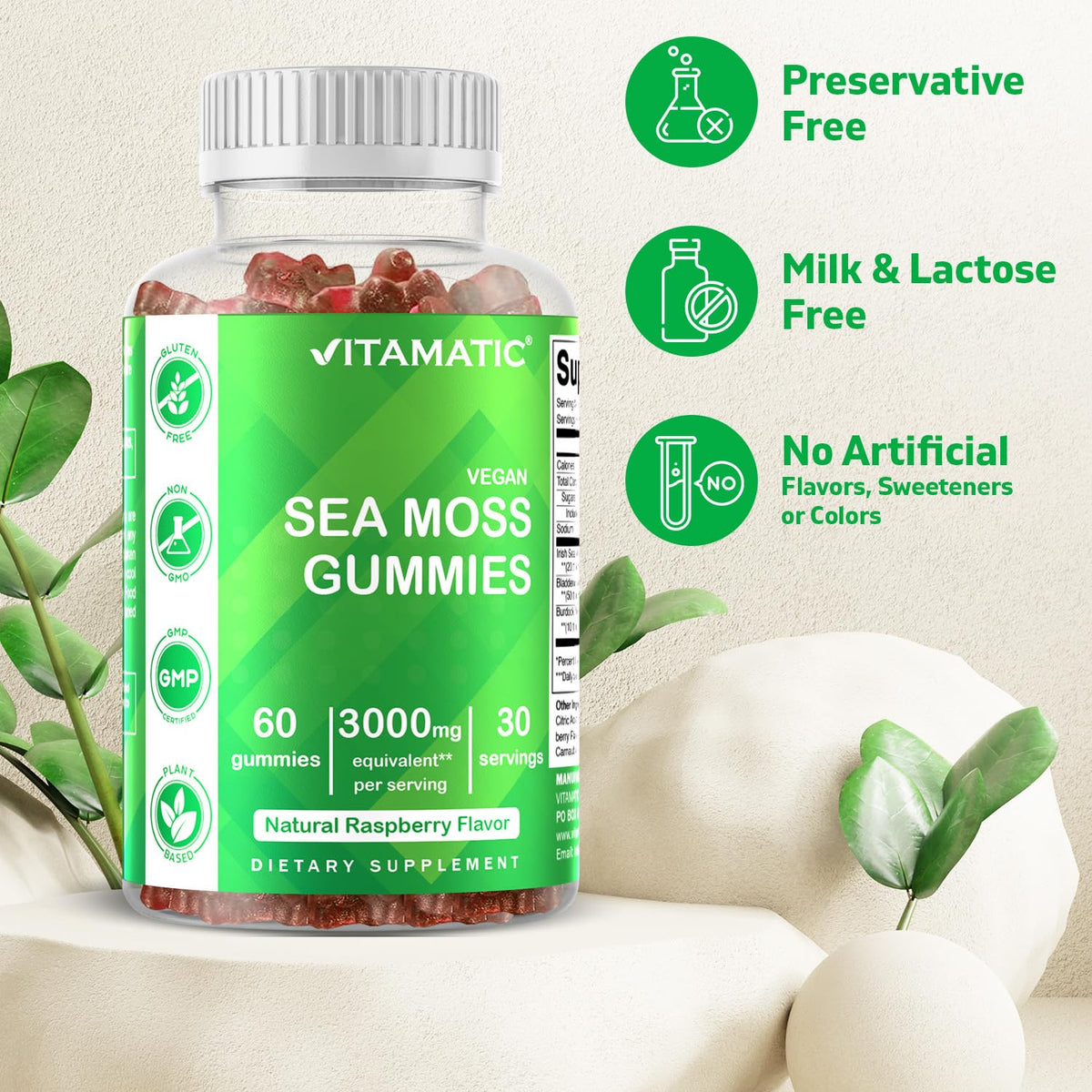 Vitamatic Sea Moss Gummies bottle Natural Raspberry flavor Irish sea moss gummies UAE vegan preservative free