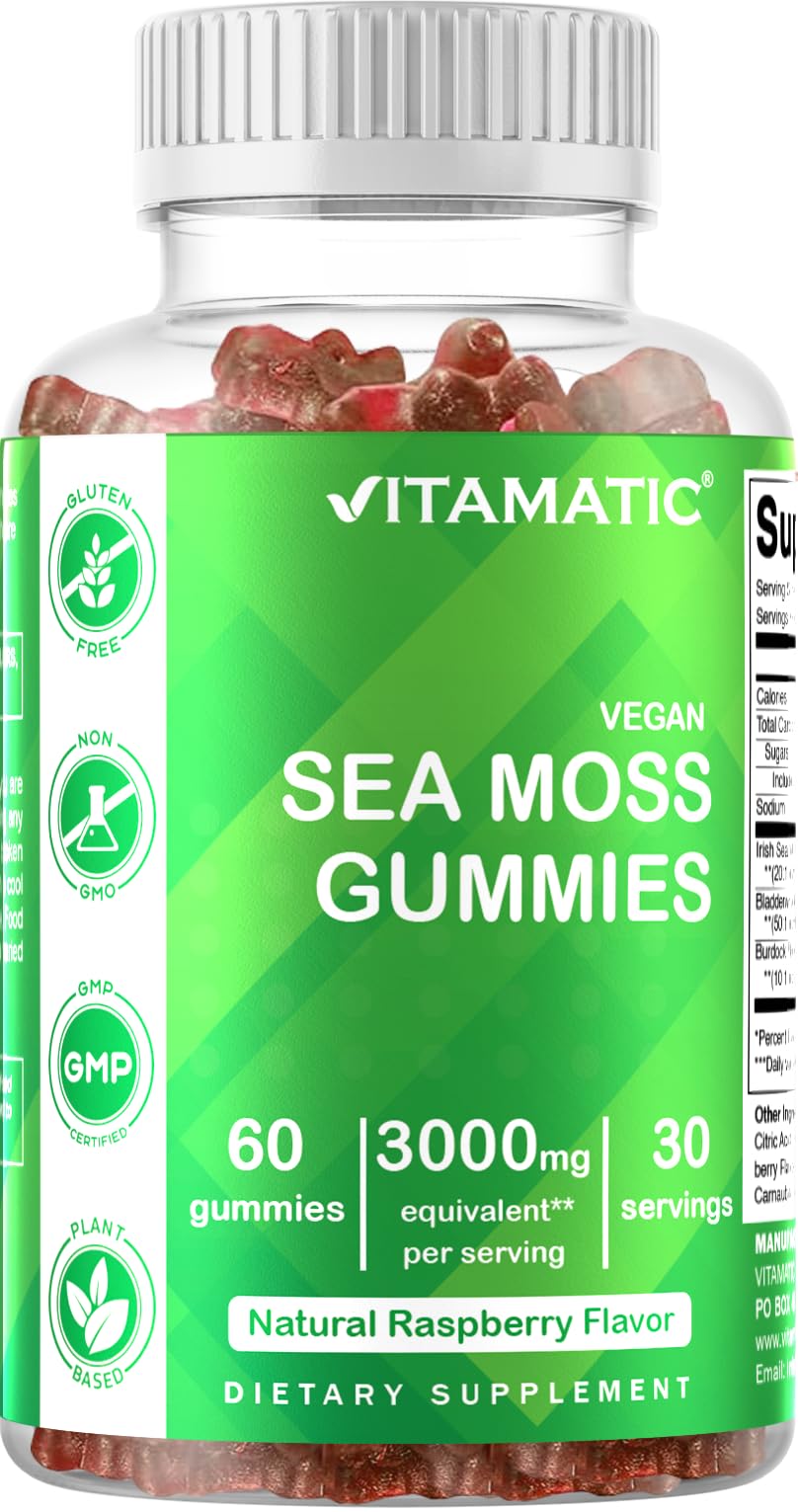 Vitamatic vegan Sea Moss Gummies bottle natural raspberry 60 gummies 3000mg label Irish sea moss gummies UAE