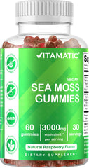 Vitamatic vegan Sea Moss Gummies bottle natural raspberry 60 gummies 3000mg label Irish sea moss gummies UAE