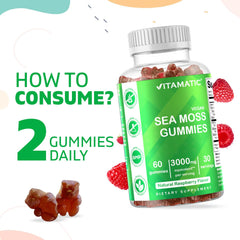 Vitamatic sea moss gummies bottle with raspberry gummy bears and serving recommendation two daily Irish sea moss gummies UAE