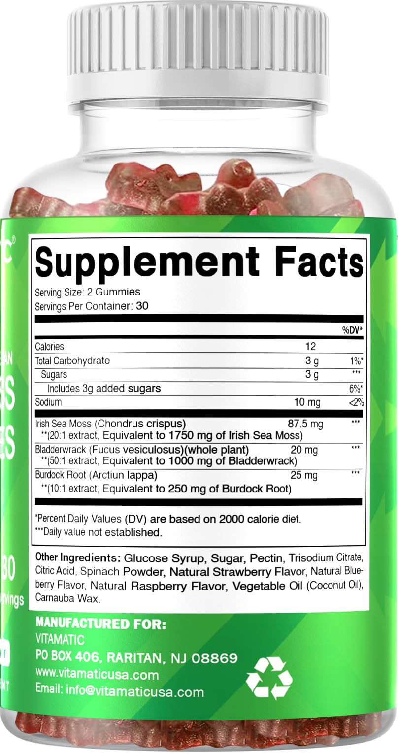 Vitamatic clear bottle of red gummies with supplement facts label showing ingredients Irish sea moss gummies UAE