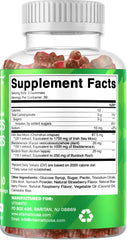 Vitamatic clear bottle of red gummies with supplement facts label showing ingredients Irish sea moss gummies UAE