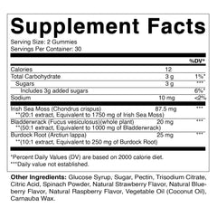 Vitamatic supplement facts label showing Irish sea moss bladderwrack and burdock root in Irish sea moss gummies UAE