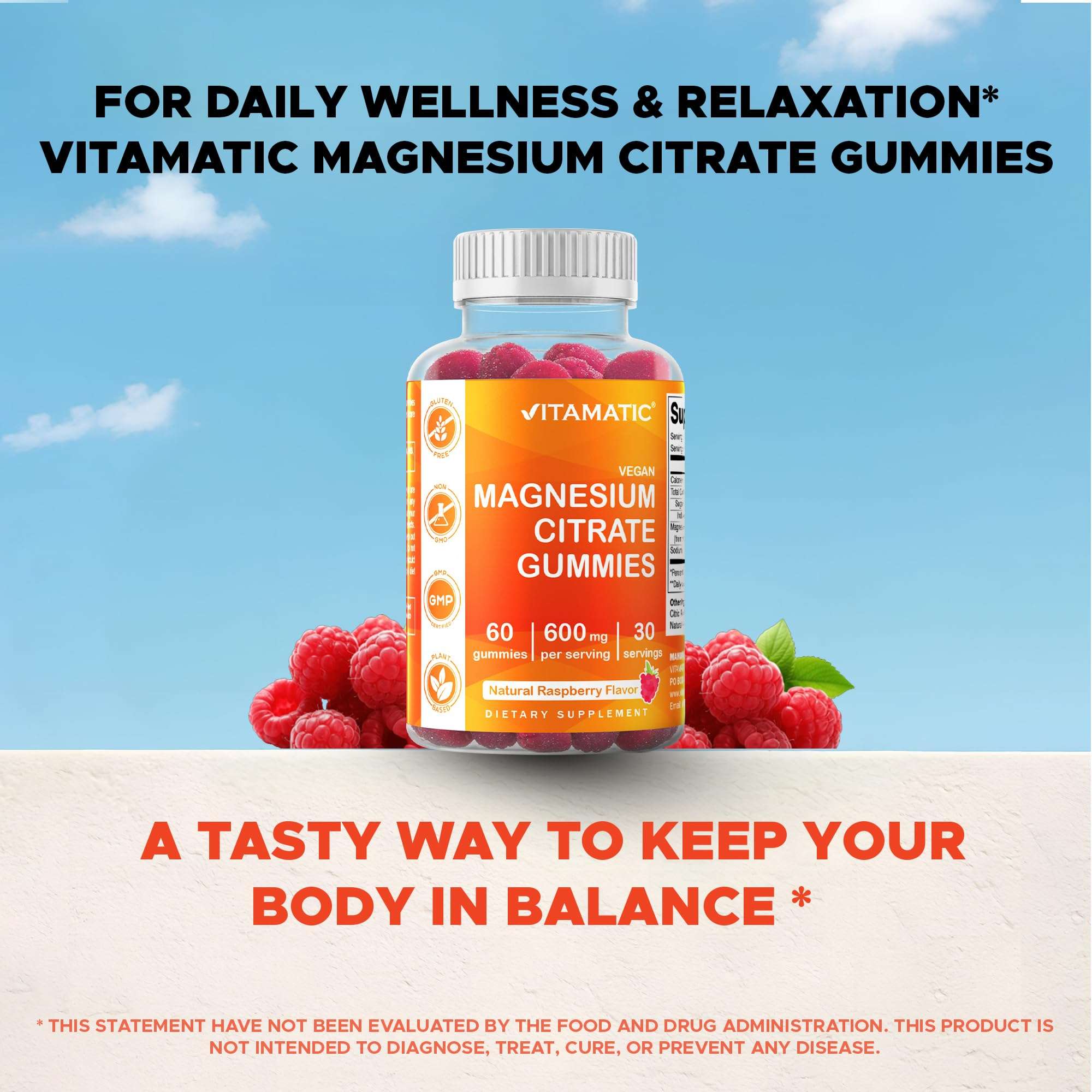 Vitamatic magnesium gummies 600mg bottle of raspberry magnesium citrate gummies for daily wellness and relaxation