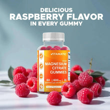 Magnesium citrate gummies bottle with delicious raspberry flavor callout and vegan badge
