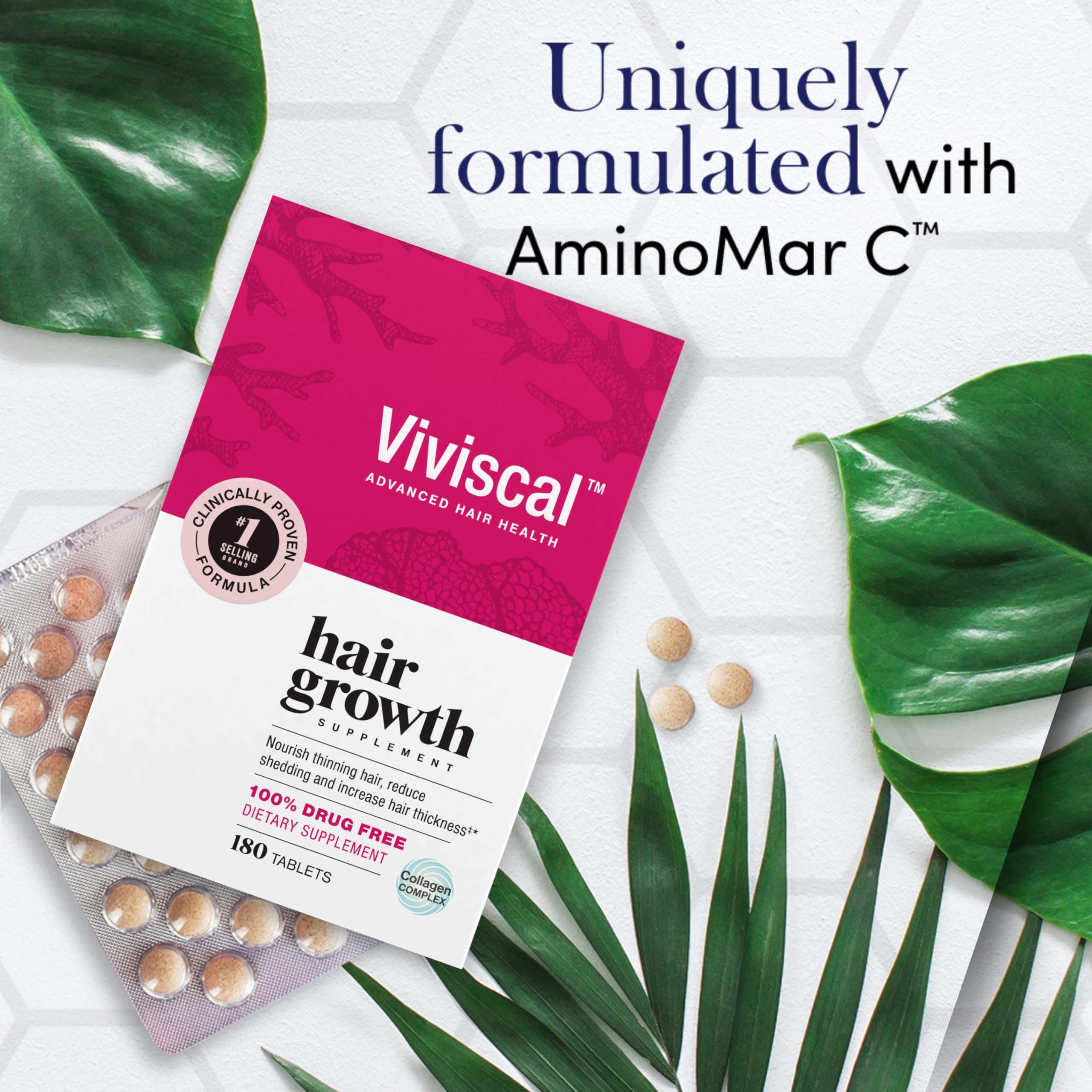 Viviscal hair growth supplement for women box with blister tablets and green leaves highlighting AminoMar C formula