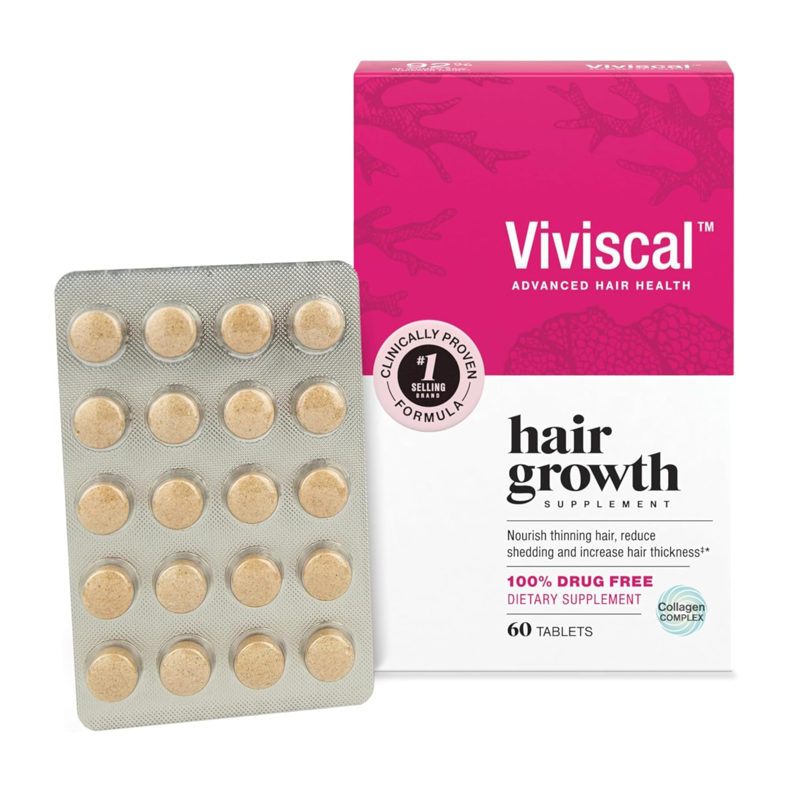 Viviscal hair growth supplement for women box with blister pack of beige tablets 60 count pink and white packaging