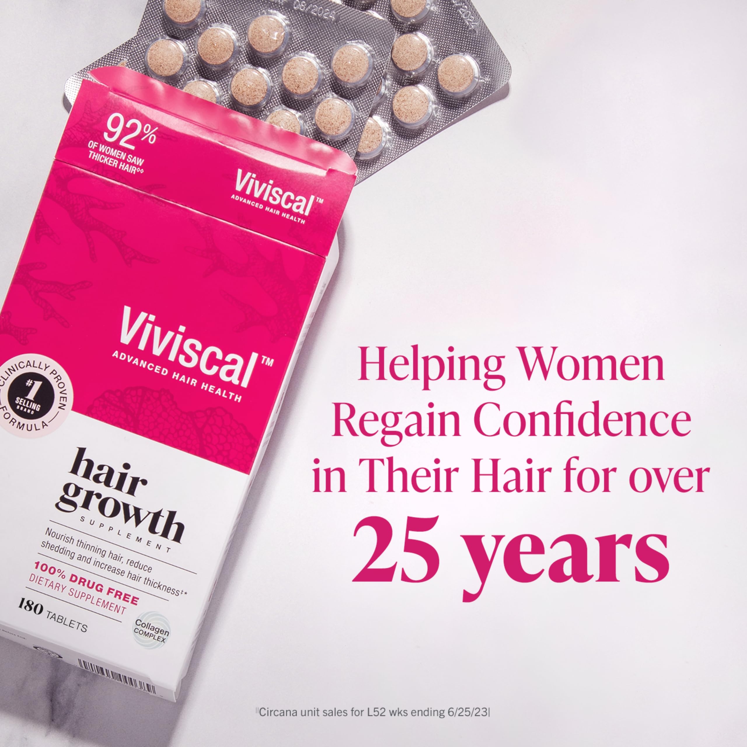 Box of Viviscal hair growth supplement for women with blister tablets and packaging showing 25 years claim