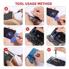 Mumzar tool kit step by step guide for iPhone SE 2016 screen replacement showing suction cup pry picks and screwdrivers