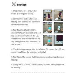 Mumzar testing instructions for iPhone SE 2016 screen replacement showing frame flex cable touch and QC steps