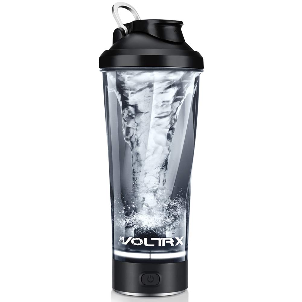 VOLTRX electric protein shaker bottle with transparent body black lid vortex mixing and power base