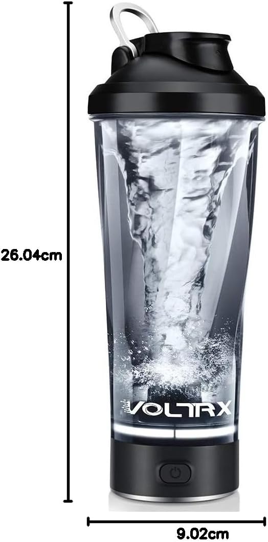 VOLTRX electric protein shaker bottle with clear body black lid detachable base creating mixing vortex