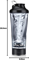 VOLTRX electric protein shaker bottle with clear body black lid detachable base creating mixing vortex