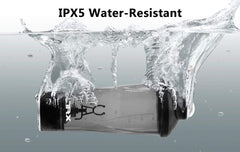 VOLTRX electric protein shaker bottle gray with black lid submerged in splashing water showing IPX5 water resistant