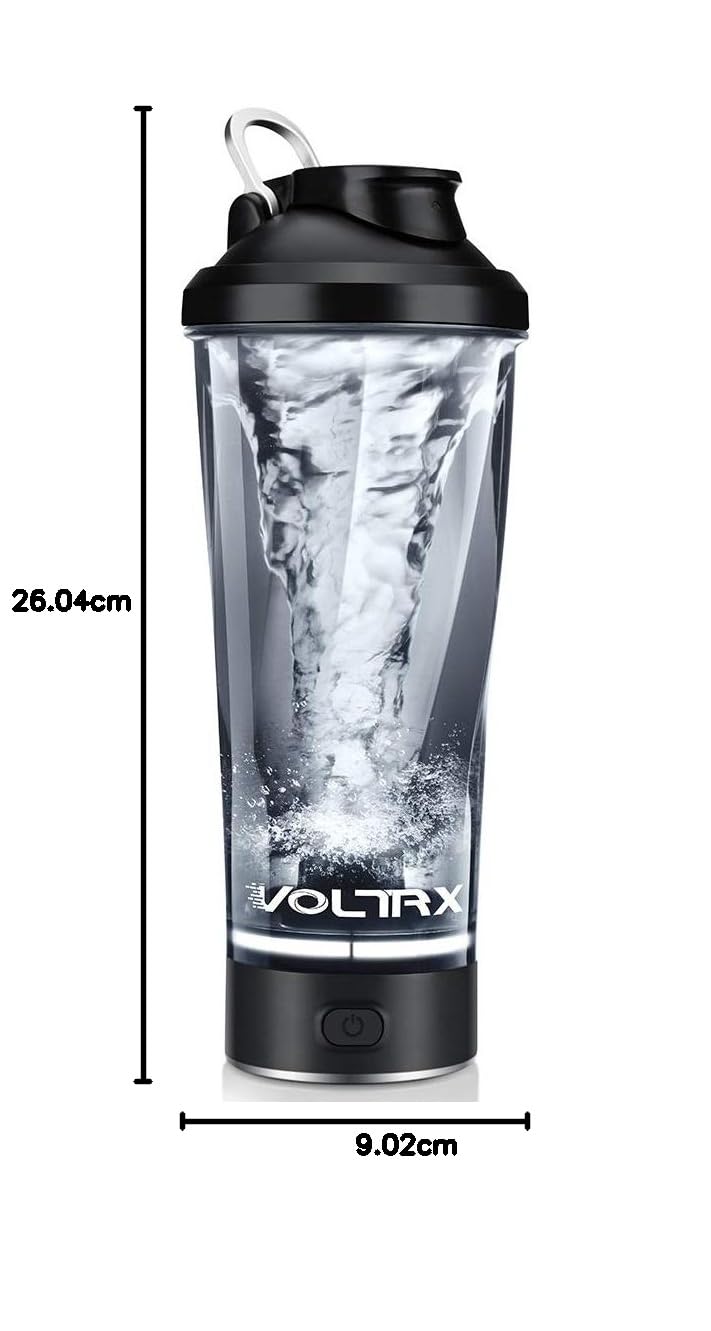 VOLTRX electric protein shaker bottle with clear body black lid and base vortex mixer and power button