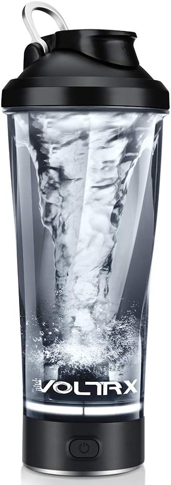 VOLTRX electric protein shaker bottle with clear tumbler, black lid and base, power button and vortex mixing