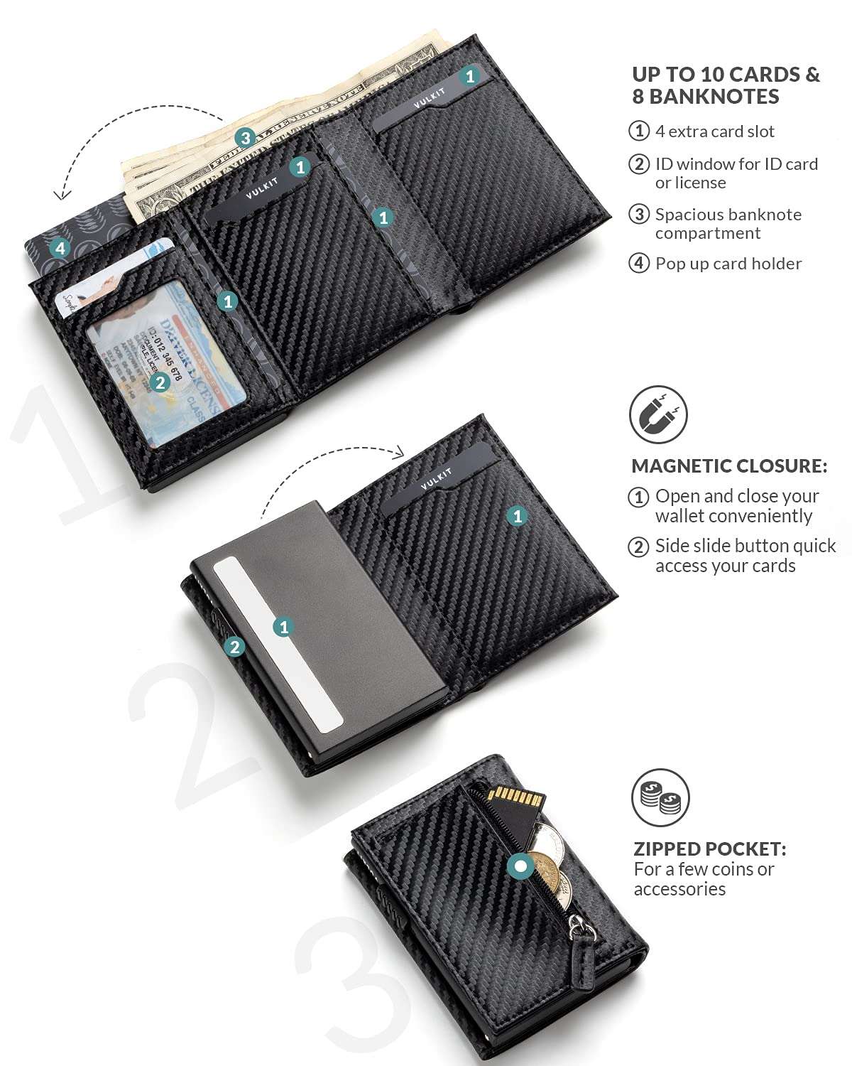 VULKIT RFID blocking credit card holder with up to 10 card slots, ID window, banknote compartment, and zipped coin pocket