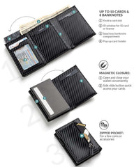 VULKIT RFID blocking credit card holder with up to 10 card slots, ID window, banknote compartment, and zipped coin pocket