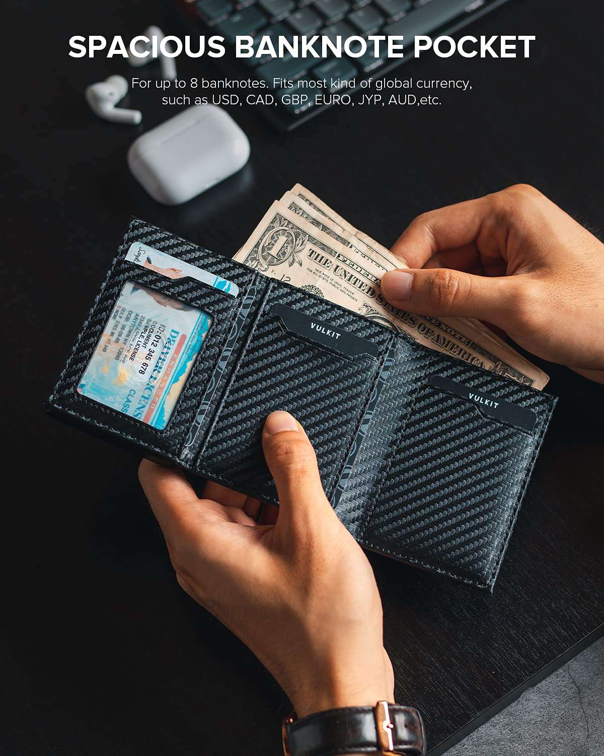VULKIT RFID blocking credit card holder with spacious banknote pocket holding US dollar bills and cards
