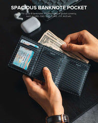 VULKIT RFID blocking credit card holder with spacious banknote pocket holding US dollar bills and cards