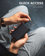 VULKIT RFID blocking credit card holder in black carbon fiber design with quick access feature