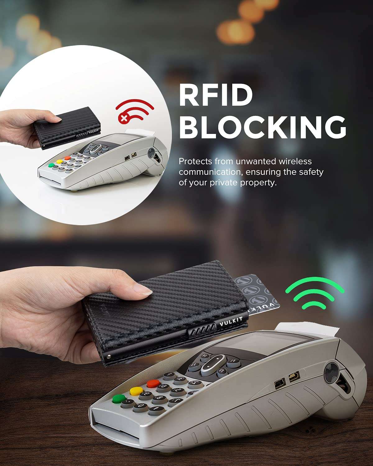 VULKIT RFID blocking credit card holder with carbon fiber texture protecting cards from wireless scanning