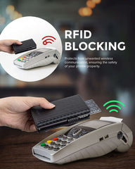 VULKIT RFID blocking credit card holder with carbon fiber texture protecting cards from wireless scanning