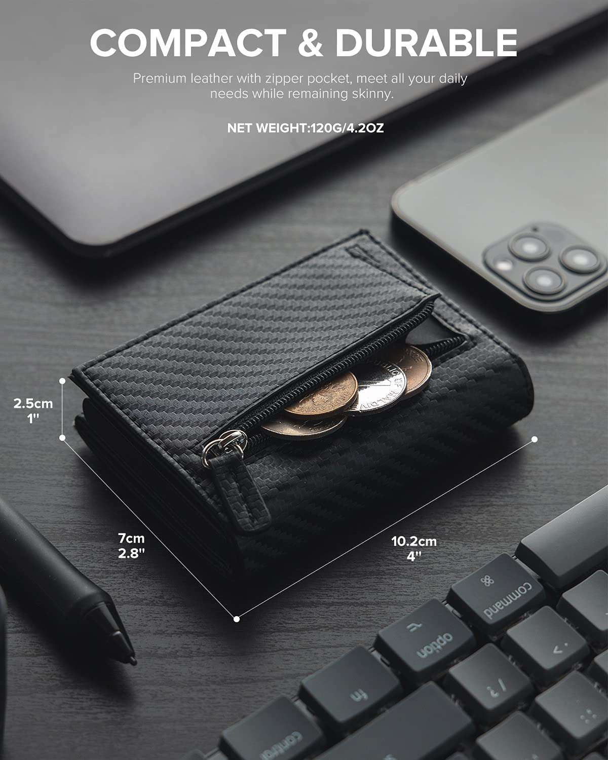 VULKIT RFID blocking credit card holder in black leather with zipper pocket for coins and compact design