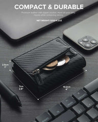 VULKIT RFID blocking credit card holder in black leather with zipper pocket for coins and compact design
