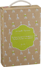 Gift box for Sophie La Girafe teether with repeating giraffe icons and green label