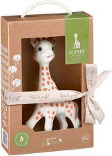 Sophie La Girafe teether gift box showing white giraffe figure with orange-brown spots